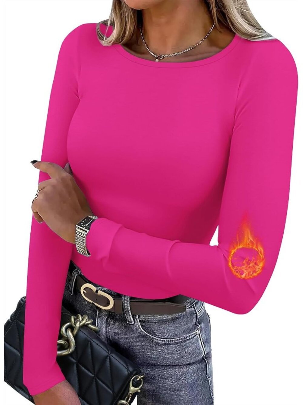Women's Hot Pink Crew Neck Long Sleeve Light Fleece Casual Basic Tops T Shirts